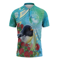 New Zealand Tomtit Zipper Polo Shirt Maori Koru With Pohutukawa Galaxy Style LT05 Aqua - Polynesian Pride