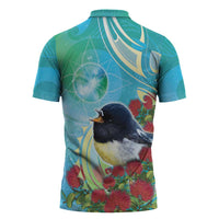 New Zealand Tomtit Zipper Polo Shirt Maori Koru With Pohutukawa Galaxy Style LT05 - Polynesian Pride