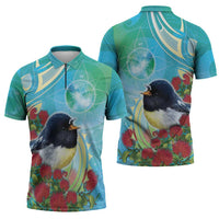 New Zealand Tomtit Zipper Polo Shirt Maori Koru With Pohutukawa Galaxy Style LT05 - Polynesian Pride