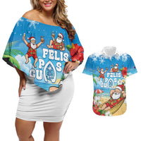 Guam Christmas Couples Matching Off Shoulder Short Dress and Hawaiian Shirt Felis Pasgua Chilling Santa LT05 Blue - Polynesian Pride
