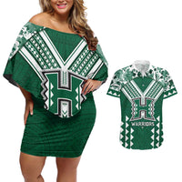 Custom Hawaii Football Couples Matching Off Shoulder Short Dress and Hawaiian Shirt Rainbow Warriors Tropical Vibes LT05 Green - Polynesian Pride