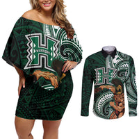 Hawaii Ikaika Warrior Football Couples Matching Off Shoulder Short Dress and Long Sleeve Button Shirt Polynesian Tribal Tattoo - Polynesian Pride