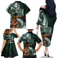 Hawaii Ikaika Warrior Football Family Matching Off The Shoulder Long Sleeve Dress and Hawaiian Shirt Polynesian Tribal Tattoo LT05 - Polynesian Pride