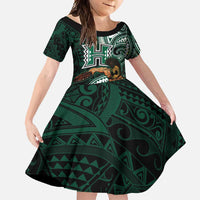 Hawaii Ikaika Warrior Football Family Matching Off Shoulder Maxi Dress and Hawaiian Shirt Polynesian Tribal Tattoo LT05 Daughter's Dress Black - Polynesian Pride