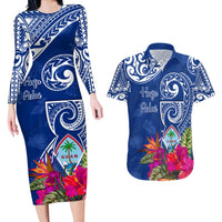 Personalised Hafa Adai Guam History and Chamorro Heritage Day Couples Matching Long Sleeve Bodycon Dress and Hawaiian Shirt Blue Latte Stone LT05 Blue - Polynesian Pride