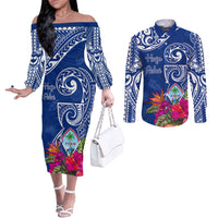 Personalised Hafa Adai Guam History and Chamorro Heritage Day Couples Matching Off The Shoulder Long Sleeve Dress and Long Sleeve Button Shirt Blue Latte Stone LT05 Blue - Polynesian Pride