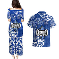 Personalised Hafa Adai Guam History and Chamorro Heritage Day Couples Matching Puletasi Dress and Hawaiian Shirt Blue Latte Stone LT05 - Polynesian Pride