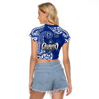 Personalised Hafa Adai Guam History and Chamorro Heritage Day Raglan Cropped T Shirt Blue Latte Stone LT05 - Polynesian Pride