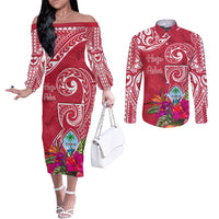 Personalised Hafa Adai Guam History and Chamorro Heritage Day Couples Matching Off The Shoulder Long Sleeve Dress and Long Sleeve Button Shirt Red Latte Stone LT05 Red - Polynesian Pride