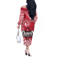 Personalised Hafa Adai Guam History and Chamorro Heritage Day Off The Shoulder Long Sleeve Dress Red Latte Stone LT05 - Polynesian Pride