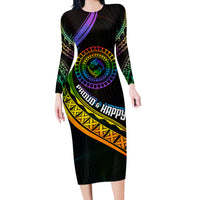 Personalised LGBT History Month Long Sleeve Bodycon Dress Proud And Happy Polynesian Dolphin LT05 Long Dress Black - Polynesian Pride
