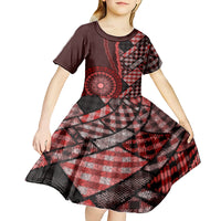 New Zealand Aotearoa Kid Short Sleeve Dress Maori Harakeke Weaving Pattern Red LT05 - Polynesian Pride