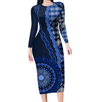 New Zealand Aotearoa Family Matching Long Sleeve Bodycon Dress and Hawaiian Shirt Maori Harakeke Weaving Pattern Blue LT05 Mom's Dress Blue - Polynesian Pride