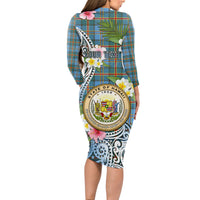 Personalised Hawaii State Long Sleeve Bodycon Dress Tropical Flowers With Tartan Pattern LT05 - Polynesian Pride