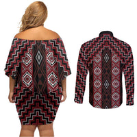 New Zealand Aotearoa Couples Matching Off Shoulder Short Dress and Long Sleeve Button Shirt Red Poutama With Taniko Pattern LT05