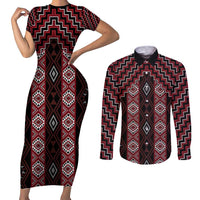 New Zealand Aotearoa Couples Matching Short Sleeve Bodycon Dress and Long Sleeve Button Shirt Red Poutama With Taniko Pattern LT05