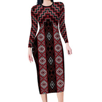 New Zealand Aotearoa Family Matching Long Sleeve Bodycon Dress and Hawaiian Shirt Red Poutama With Taniko Pattern LT05 Mom's Dress Red - Polynesian Pride