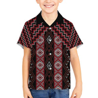 New Zealand Aotearoa Family Matching Off Shoulder Short Dress and Hawaiian Shirt Red Poutama With Taniko Pattern LT05 Son's Shirt Red - Polynesian Pride