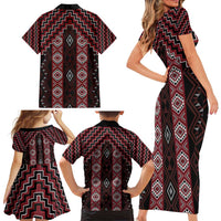 New Zealand Aotearoa Family Matching Short Sleeve Bodycon Dress and Hawaiian Shirt Red Poutama With Taniko Pattern LT05 - Polynesian Pride