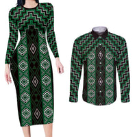 New Zealand Aotearoa Couples Matching Long Sleeve Bodycon Dress and Long Sleeve Button Shirt Green Poutama With Taniko Pattern LT05