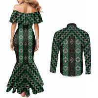New Zealand Aotearoa Couples Matching Mermaid Dress and Long Sleeve Button Shirt Green Poutama With Taniko Pattern LT05