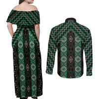 New Zealand Aotearoa Couples Matching Off Shoulder Maxi Dress and Long Sleeve Button Shirt Green Poutama With Taniko Pattern LT05
