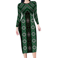 New Zealand Aotearoa Family Matching Long Sleeve Bodycon Dress and Hawaiian Shirt Green Poutama With Taniko Pattern LT05 Mom's Dress Green - Polynesian Pride