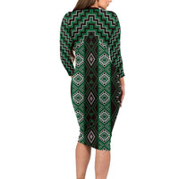 New Zealand Aotearoa Family Matching Long Sleeve Bodycon Dress and Hawaiian Shirt Green Poutama With Taniko Pattern LT05 - Polynesian Pride