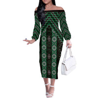 New Zealand Aotearoa Off The Shoulder Long Sleeve Dress Green Poutama With Taniko Pattern LT05 Women Green - Polynesian Pride