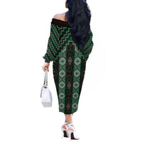 New Zealand Aotearoa Off The Shoulder Long Sleeve Dress Green Poutama With Taniko Pattern LT05 - Polynesian Pride