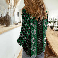 New Zealand Aotearoa Women Casual Shirt Green Poutama With Taniko Pattern LT05 - Polynesian Pride