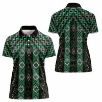 New Zealand Aotearoa Women Polo Shirt Green Poutama With Taniko Pattern LT05