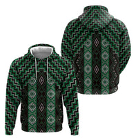 New Zealand Aotearoa Zip Hoodie Green Poutama With Taniko Pattern LT05