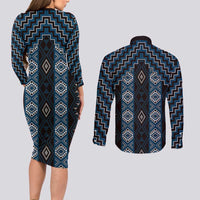 New Zealand Aotearoa Couples Matching Long Sleeve Bodycon Dress and Long Sleeve Button Shirt Blue Poutama With Taniko Pattern LT05