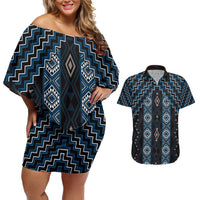 New Zealand Aotearoa Couples Matching Off Shoulder Short Dress and Hawaiian Shirt Blue Poutama With Taniko Pattern LT05