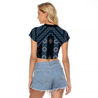 New Zealand Aotearoa Raglan Cropped T Shirt Blue Poutama With Taniko Pattern LT05
