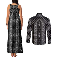 New Zealand Aotearoa Couples Matching Tank Maxi Dress and Long Sleeve Button Shirt Black Poutama With Taniko Pattern LT05