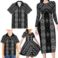 New Zealand Aotearoa Family Matching Long Sleeve Bodycon Dress and Hawaiian Shirt Black Poutama With Taniko Pattern LT05 - Polynesian Pride