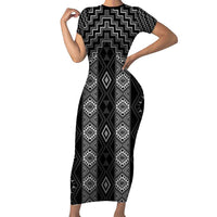 New Zealand Aotearoa Family Matching Short Sleeve Bodycon Dress and Hawaiian Shirt Black Poutama With Taniko Pattern LT05 Mom's Dress Black - Polynesian Pride