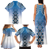New Zealand Family Matching Tank Maxi Dress and Hawaiian Shirt Poutama Mix Blue Taniko Inspired Art LT05 - Polynesian Pride