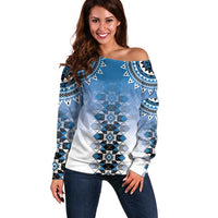 New Zealand Off Shoulder Sweater Poutama Mix Blue Taniko Inspired Art LT05