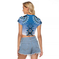 New Zealand Raglan Cropped T Shirt Poutama Mix Blue Taniko Inspired Art LT05 - Polynesian Pride
