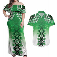 New Zealand Couples Matching Off Shoulder Maxi Dress and Hawaiian Shirt Poutama Mix Green Taniko Inspired Art LT05