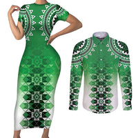 New Zealand Couples Matching Short Sleeve Bodycon Dress and Long Sleeve Button Shirt Poutama Mix Green Taniko Inspired Art LT05 Green - Polynesian Pride