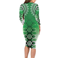 New Zealand Family Matching Long Sleeve Bodycon Dress and Hawaiian Shirt Poutama Mix Green Taniko Inspired Art LT05 - Polynesian Pride
