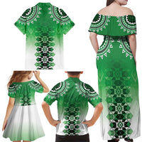 New Zealand Family Matching Off Shoulder Maxi Dress and Hawaiian Shirt Poutama Mix Green Taniko Inspired Art LT05 - Polynesian Pride