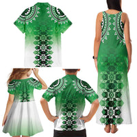 New Zealand Family Matching Tank Maxi Dress and Hawaiian Shirt Poutama Mix Green Taniko Inspired Art LT05 - Polynesian Pride