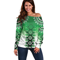 New Zealand Off Shoulder Sweater Poutama Mix Green Taniko Inspired Art LT05