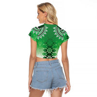 New Zealand Raglan Cropped T Shirt Poutama Mix Green Taniko Inspired Art LT05 - Polynesian Pride