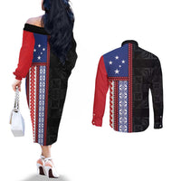 Samoa Flag Couples Matching Off The Shoulder Long Sleeve Dress and Long Sleeve Button Shirt Ula Fala With Samoan Siapo LT05 - Polynesian Pride